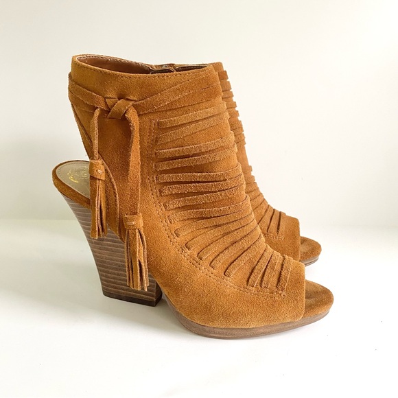Vince Camuto Janessa Genuine Leather Suede Ankle Wedge Sandals Cognac Brown 7 - Picture 2 of 11